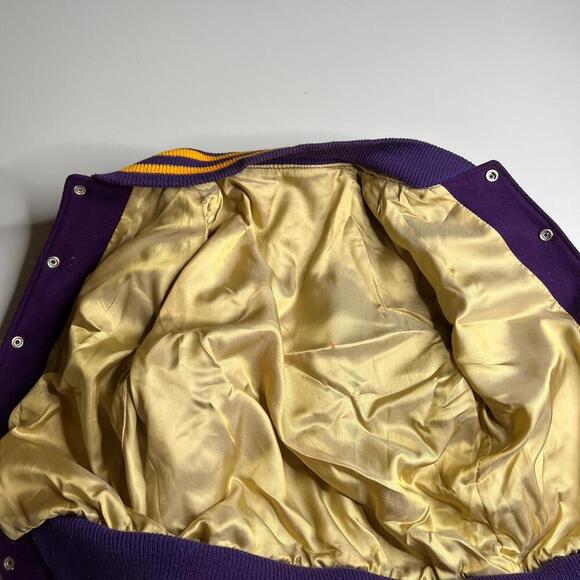 Vintage 80s Hunts Athletic Goods Varsity Letterman Jacket Purple Gold Wool Leath - Picture 3 of 12